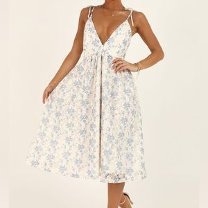 Blue & White Lace Midi Dress | Showpo. (So cute for Easter or Bridal Showers!)